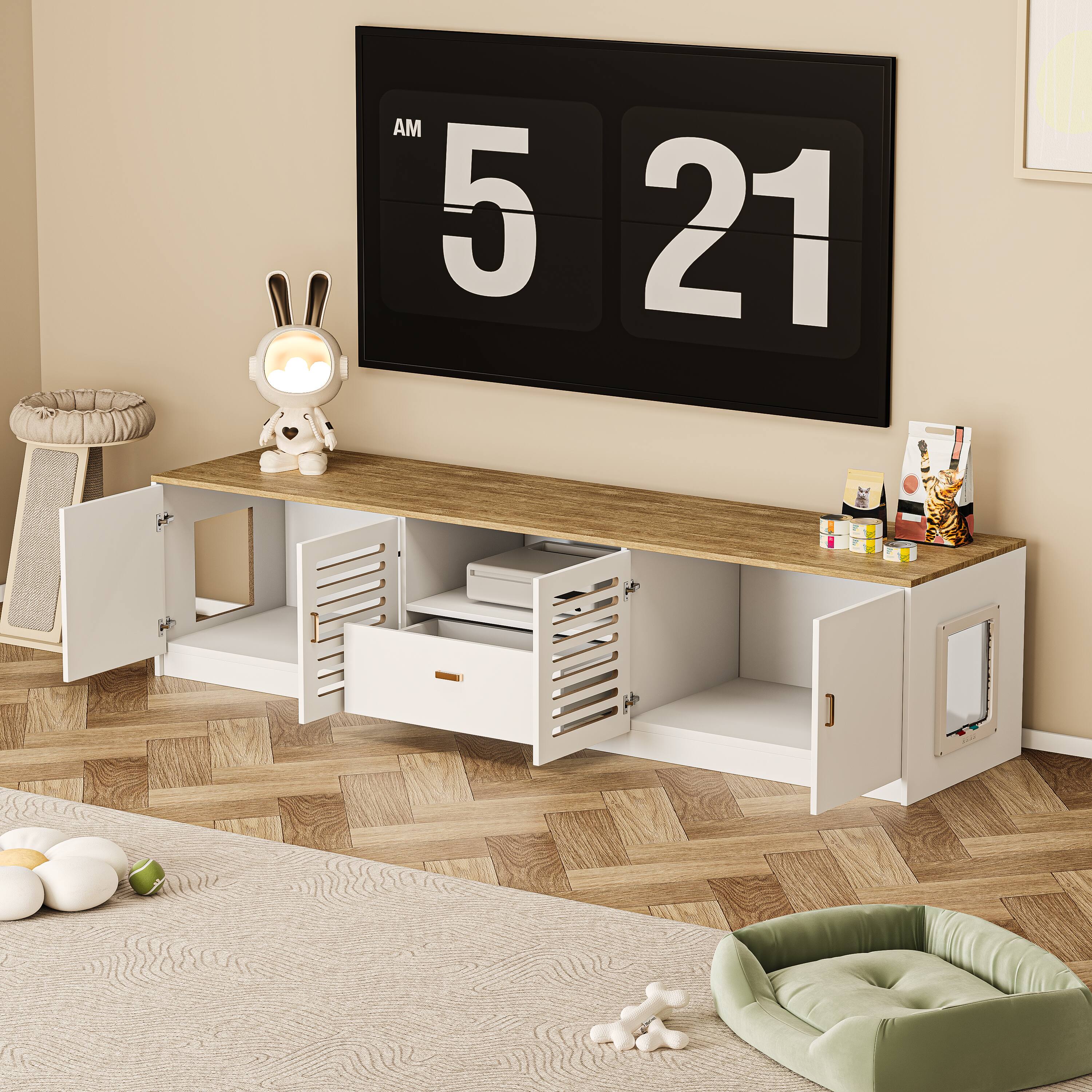 Alt View 2. MSOOB - 78.7" Entertainment Center Hidden Cat Litter Box Enclosure for 85" TV, Modern Wood TV Stand with Storage and Drawer - White.