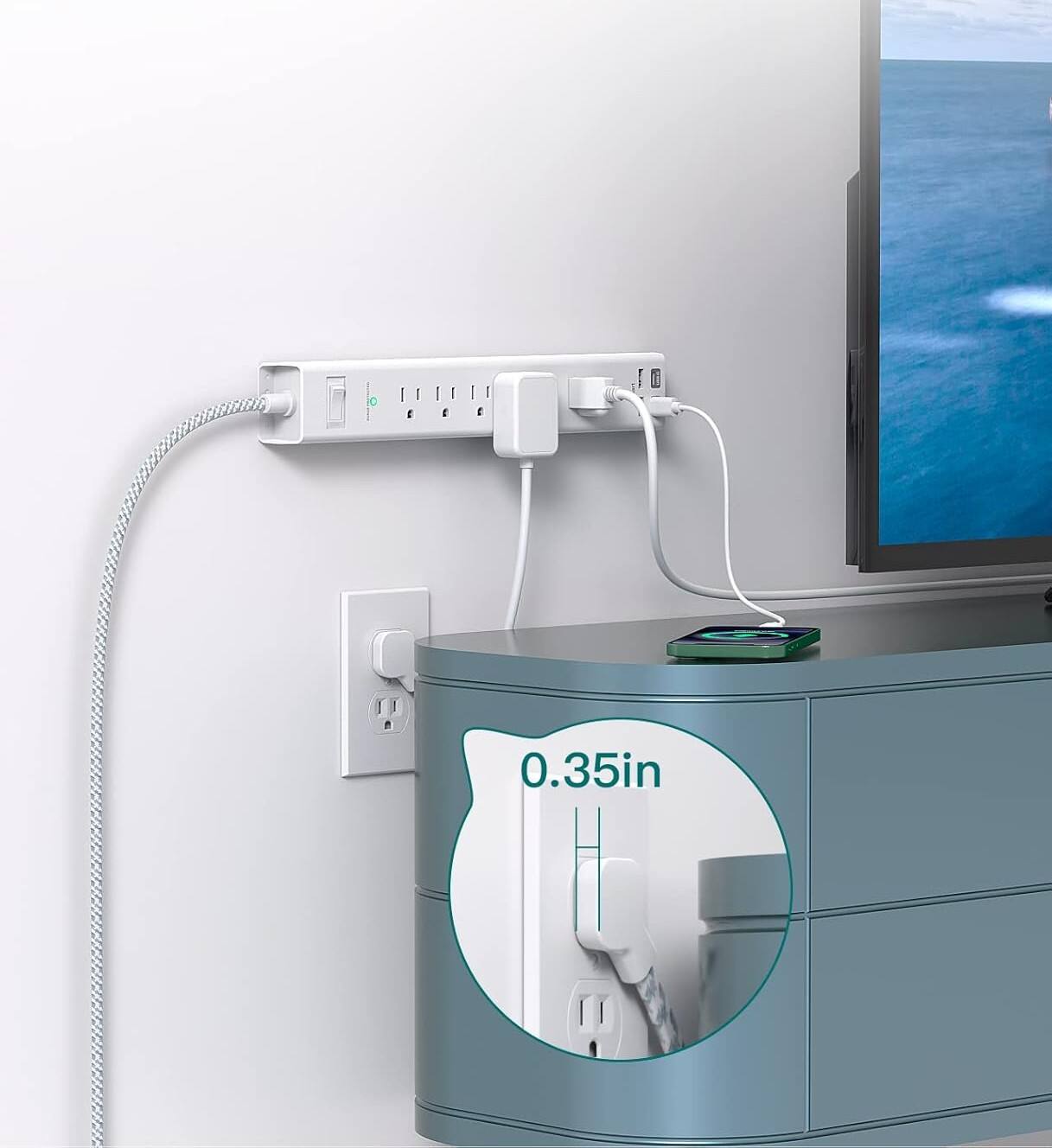 Alt View 1. FINEAK - Slim 10ft Power Strip-6 AC, 4 USB-C, Surge Protection, Wall Mount - White.