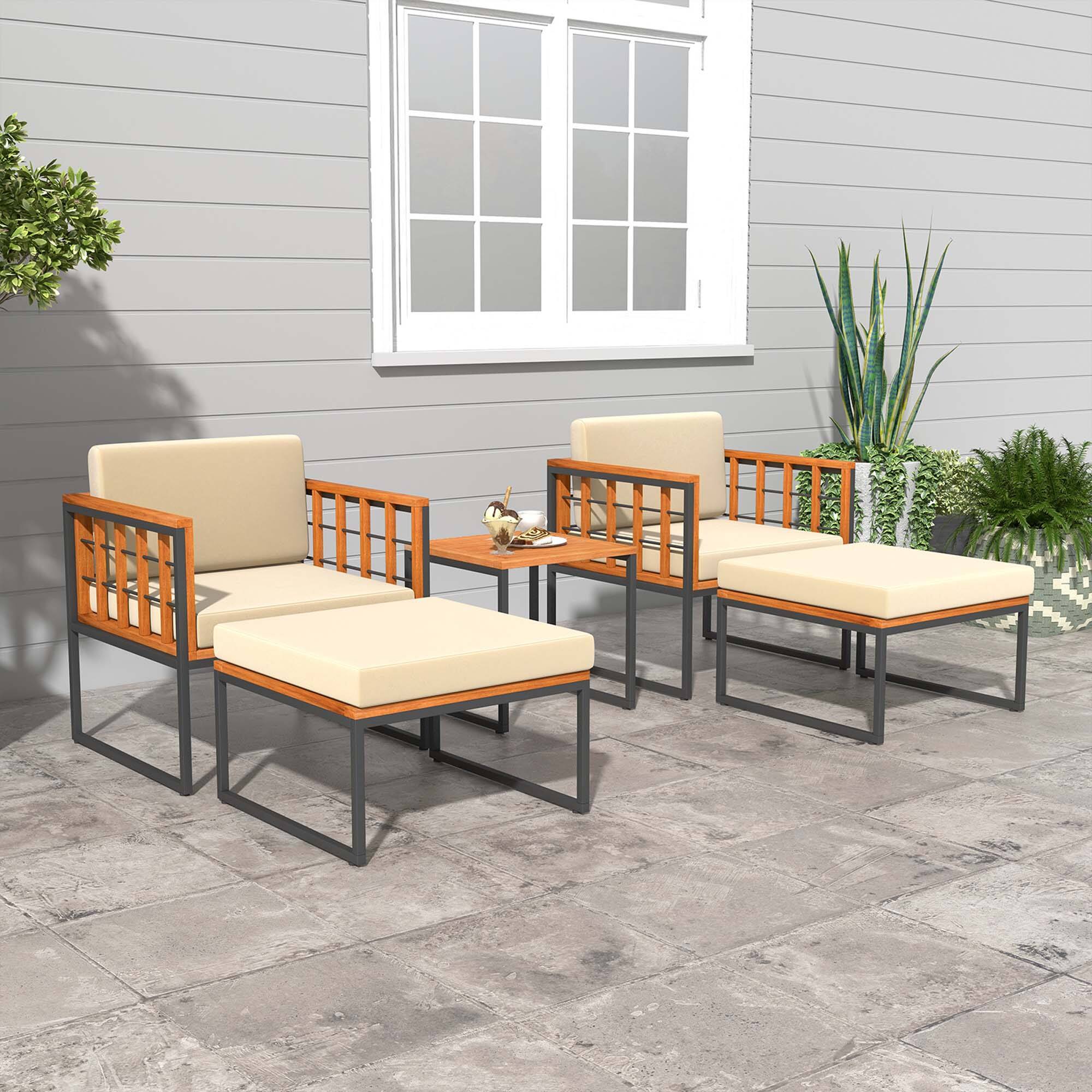 Alt View 1. Costway - 5 PCS Acacia Wood Patio Furniture Set with Ottomans Soft Cushions & Coffee Table - Beige + Natural + Black.