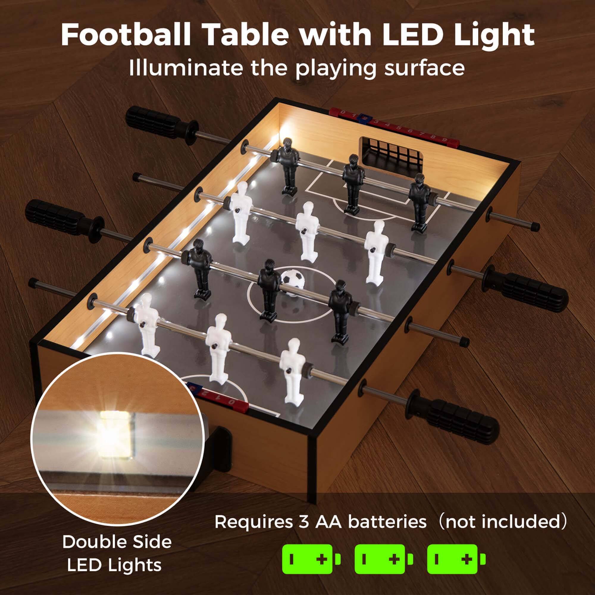 The text on the image reads: "Football Table with LED Light Illuminate the playing surface Double Side LED Lights Requires 3 AA batteries (not included)".