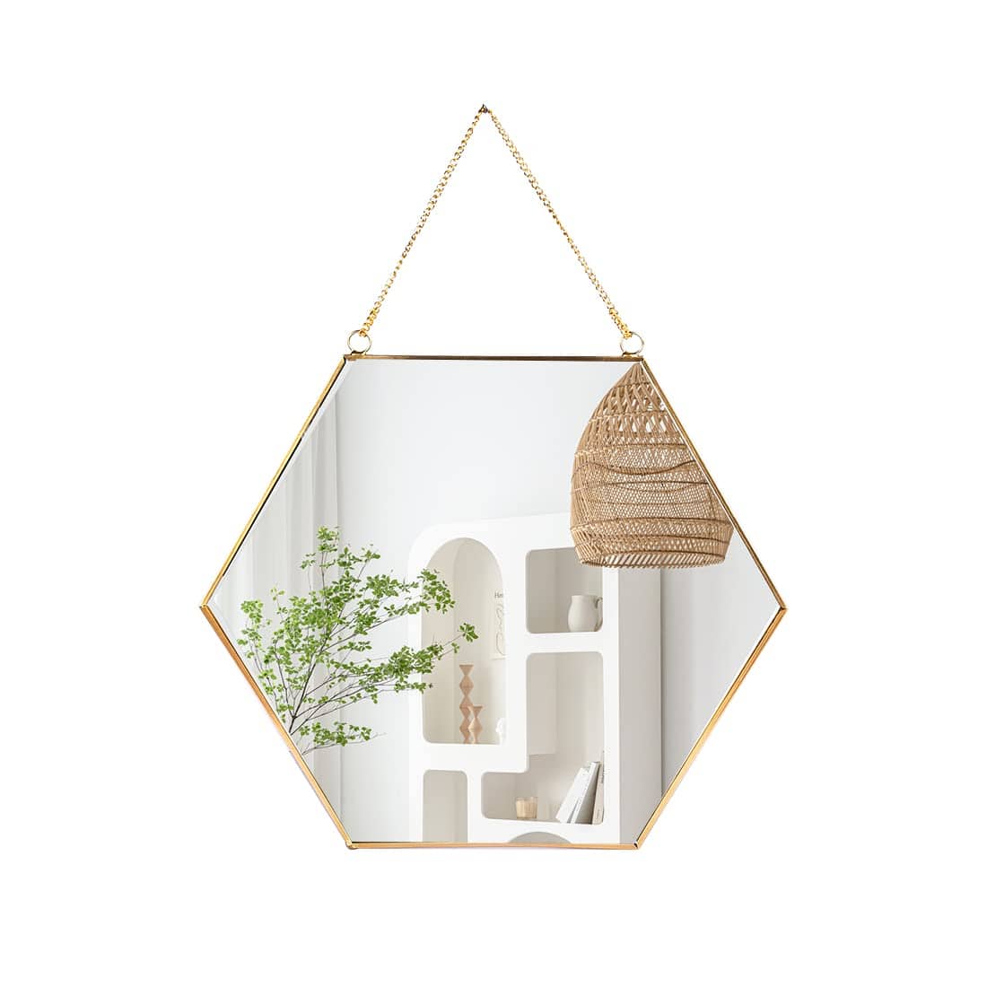 TECH SAFARI - Hanging Wall Hexagon Mirror Decor Geometric With Chain For Bathroom Bedroom Living Room - 10.2"L x 11.8"W
