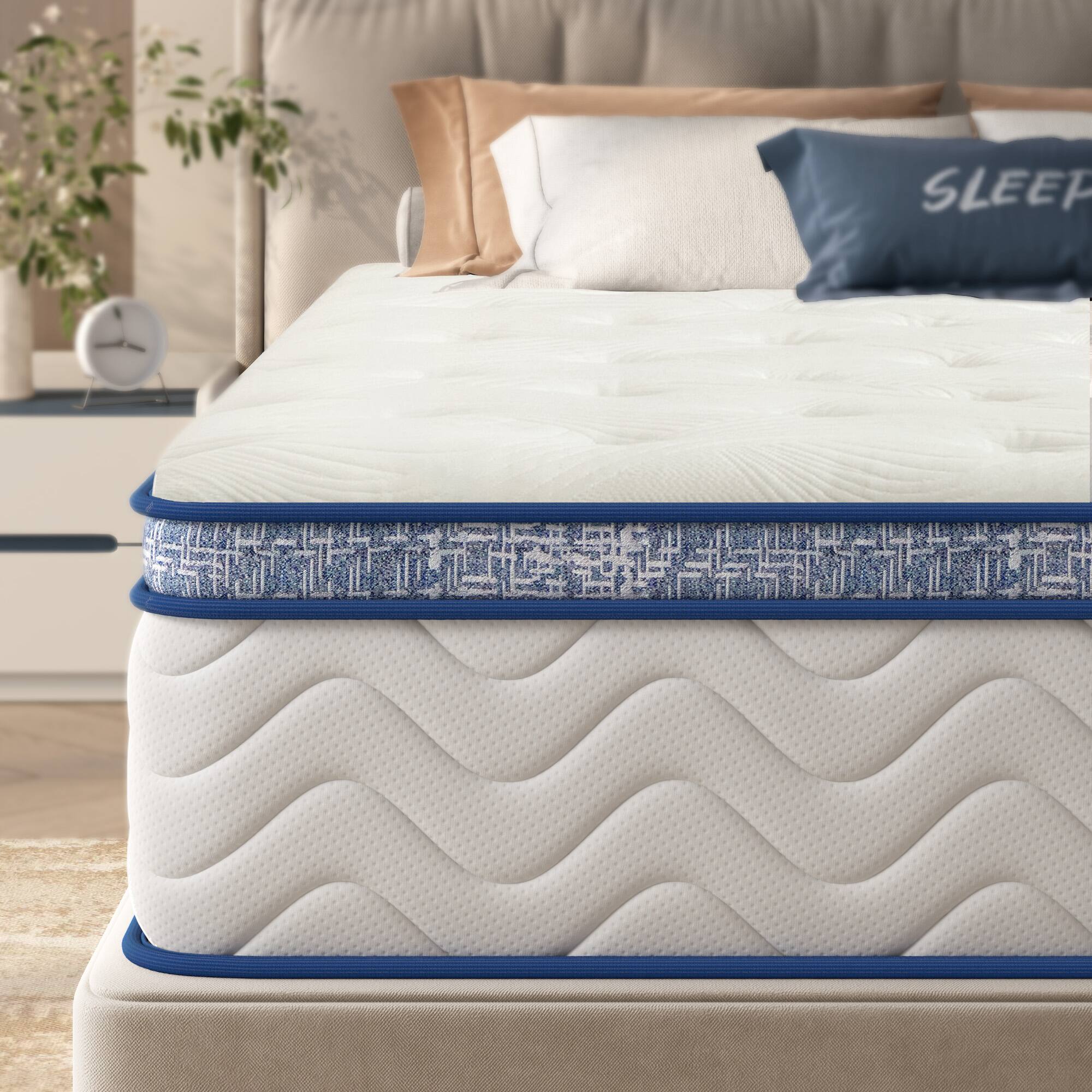 Angle. TinyHomie - Queen Size Mattress 10 Inch Hybrid Mattress Individually Pocketed Innerspring Medium Firm - White.