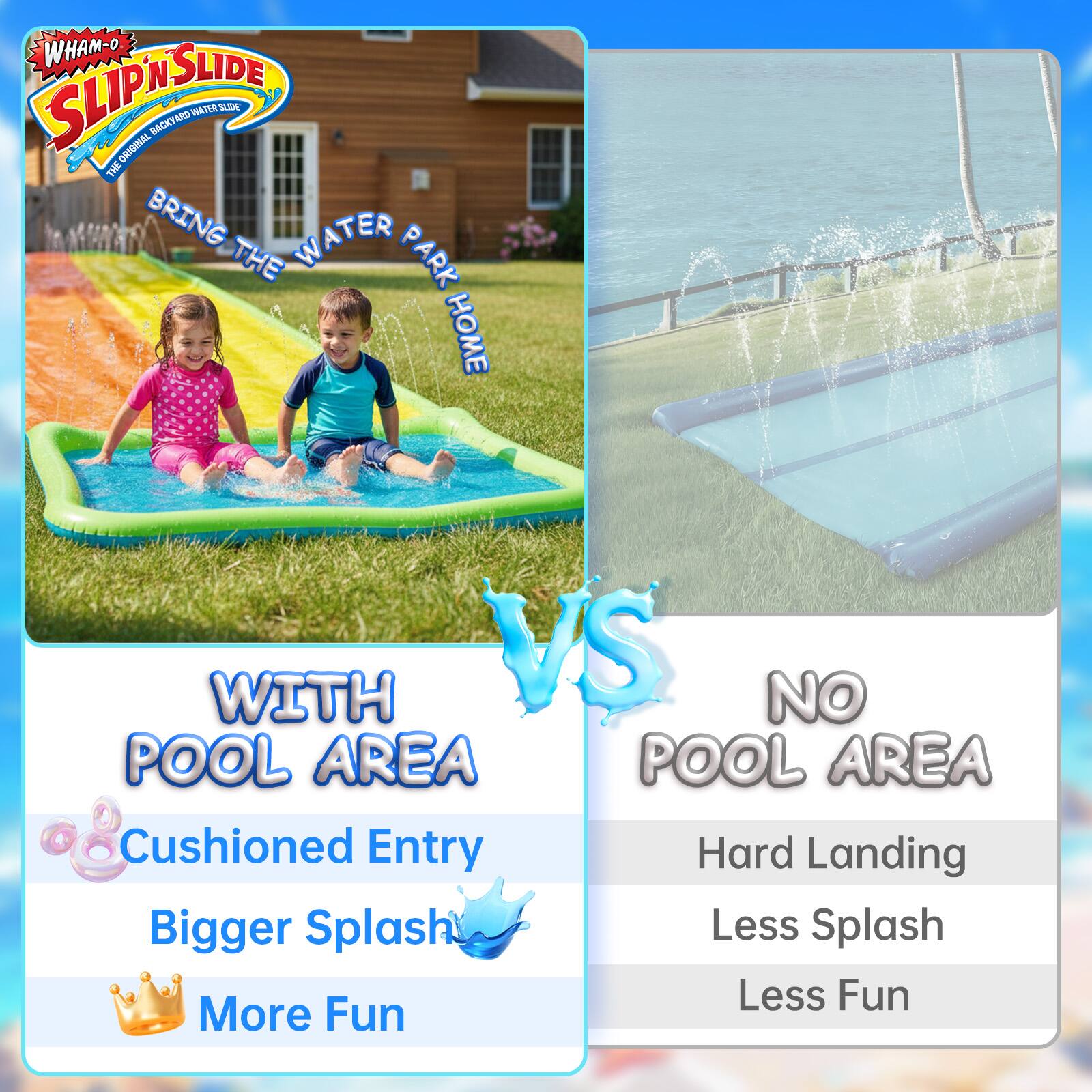 WHAM-O SLIP'N SLIDE ORIGINAL BACKYARD WATER SLIDE

BRING THE WATER PARK HOME

WITH POOL AREA
- Cushioned Entry
- Bigger Splash
- More Fun

VS

NO POOL AREA
- Hard Landing
- Less Splash
- Less Fun