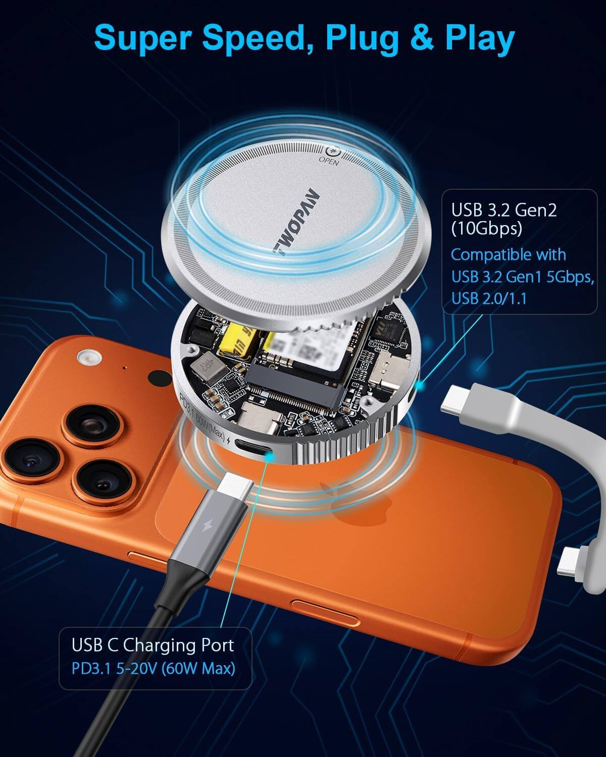 Super Speed, Plug & Play

USB 3.2 Gen2 (10Gbps)  
Compatible with USB 3.2 Gen1 5Gbps, USB 2.0/1.1

USB C Charging Port  
PD3.1 5-20V (60W Max)