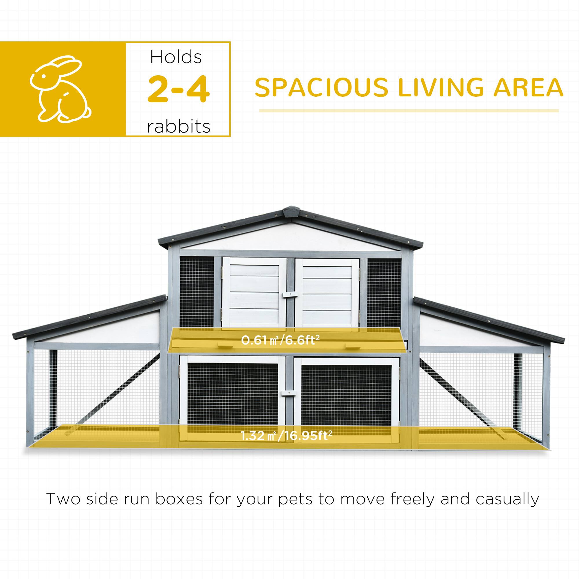 Holds 2-4 rabbits

SPACIOUS LIVING AREA

0.61 m² / 6.6 ft²

1.32 m² / 16.95 ft²

Two side run boxes for your pets to move freely and casually