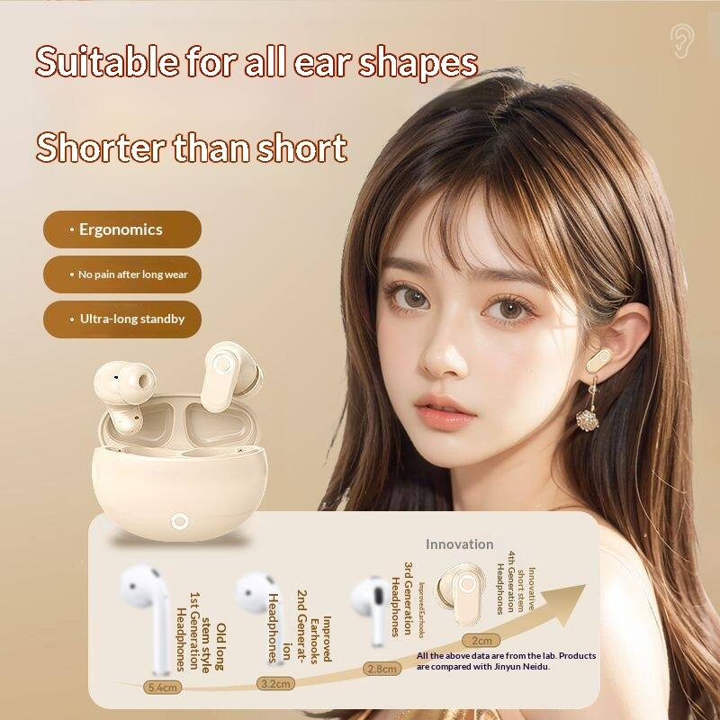 Suitable for all ear shapes  
Shorter than short  

- Ergonomics  
- No pain after long wear  
- Ultra-long standby  

1st Headphones Generation  
Old style long 5.4cm  

2nd Headphones Generation  
Improved Earhooks 3.2cm  

3rd Headphones Generation  
Improved Earhooks 2.8cm  

4th Headphones Generation  
Innovative Earhooks stem 2cm  

All the above data are from the lab. Products are compared with Jinyun Neidu.