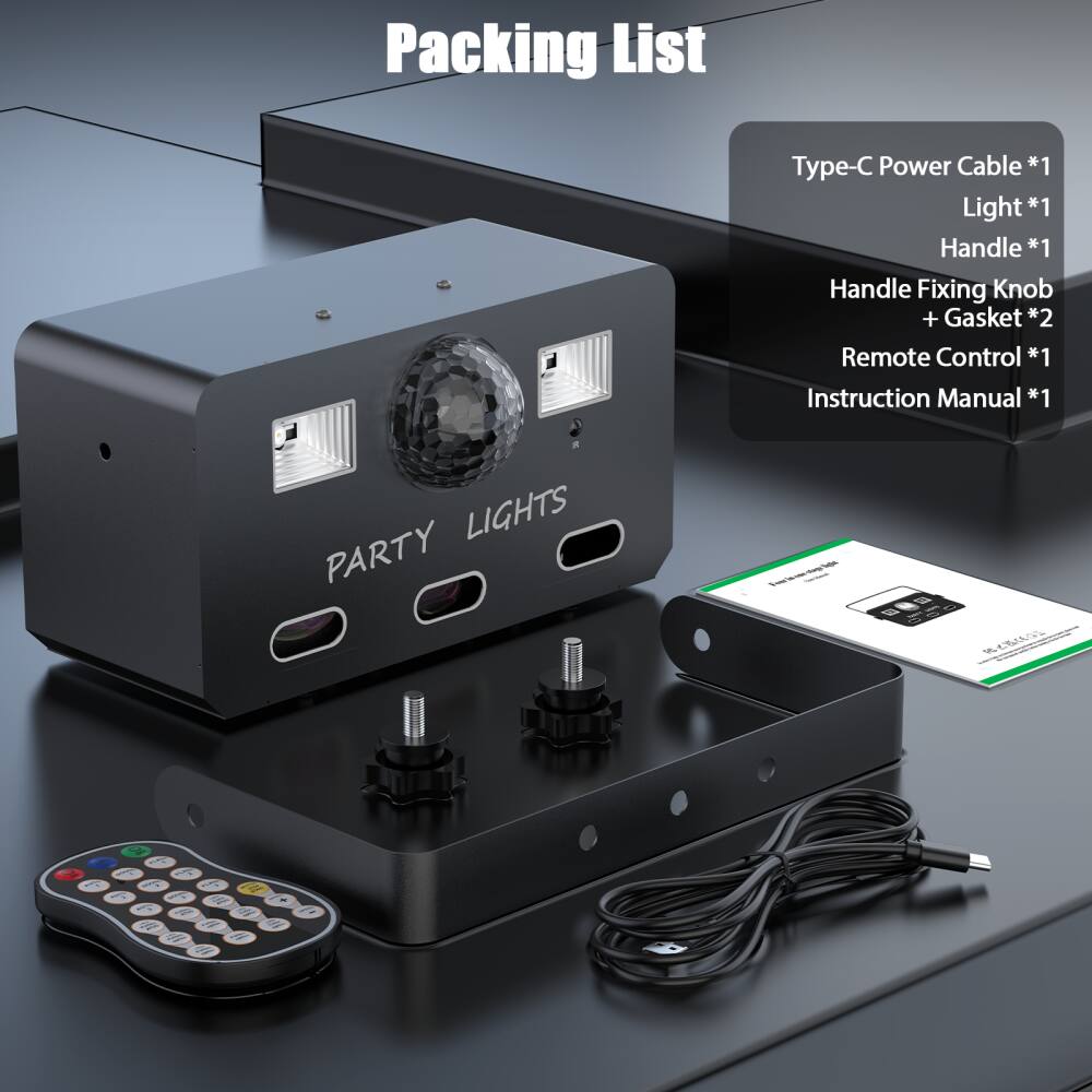 Packing List

- Type-C Power Cable *1
- Light *1
- Handle *1
- Handle Fixing Knob + Gasket *2
- Remote Control *1
- Instruction Manual *1