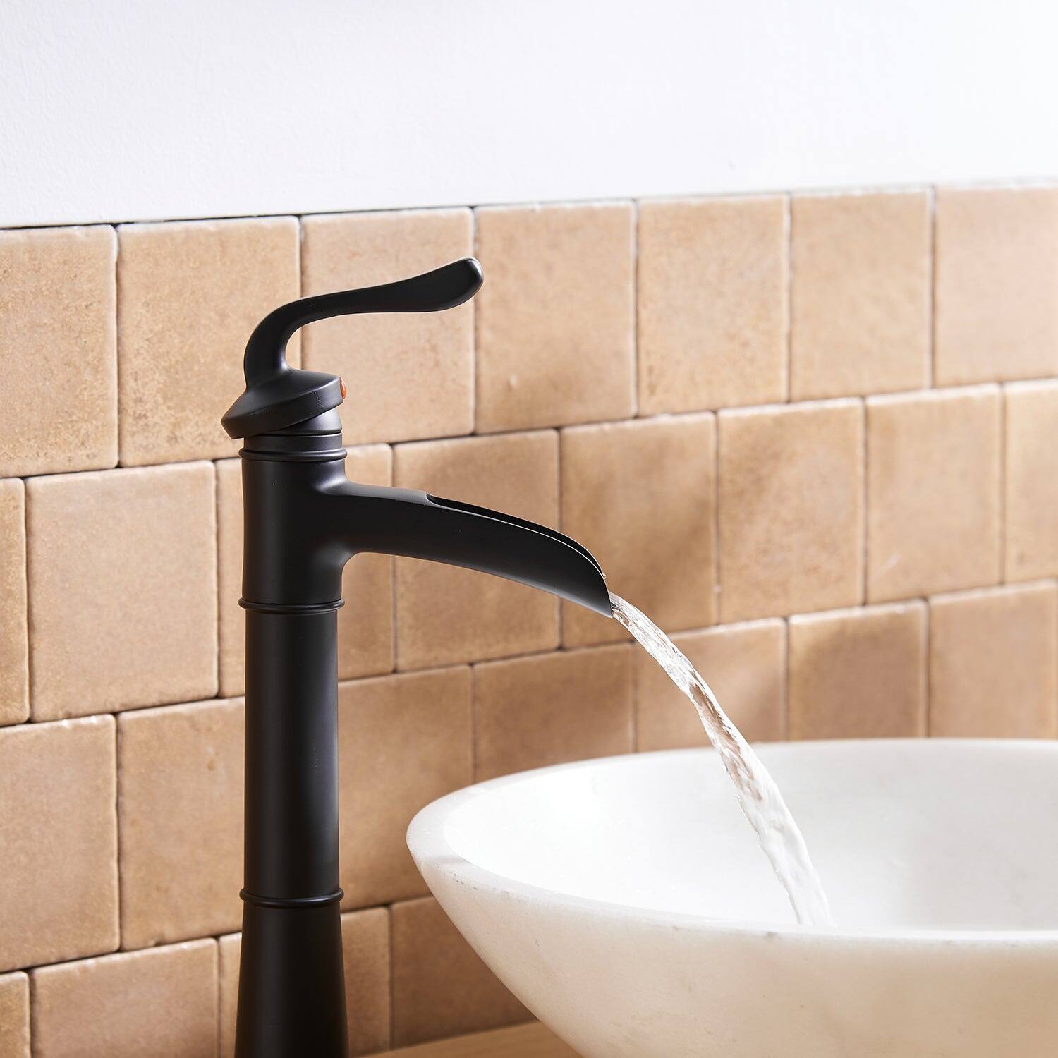 Left. Boyel Living - Waterfall Single Handle Single Hole Vessel Bathroom Faucet with Pop-up Drain in Matte Black - Matte Black.
