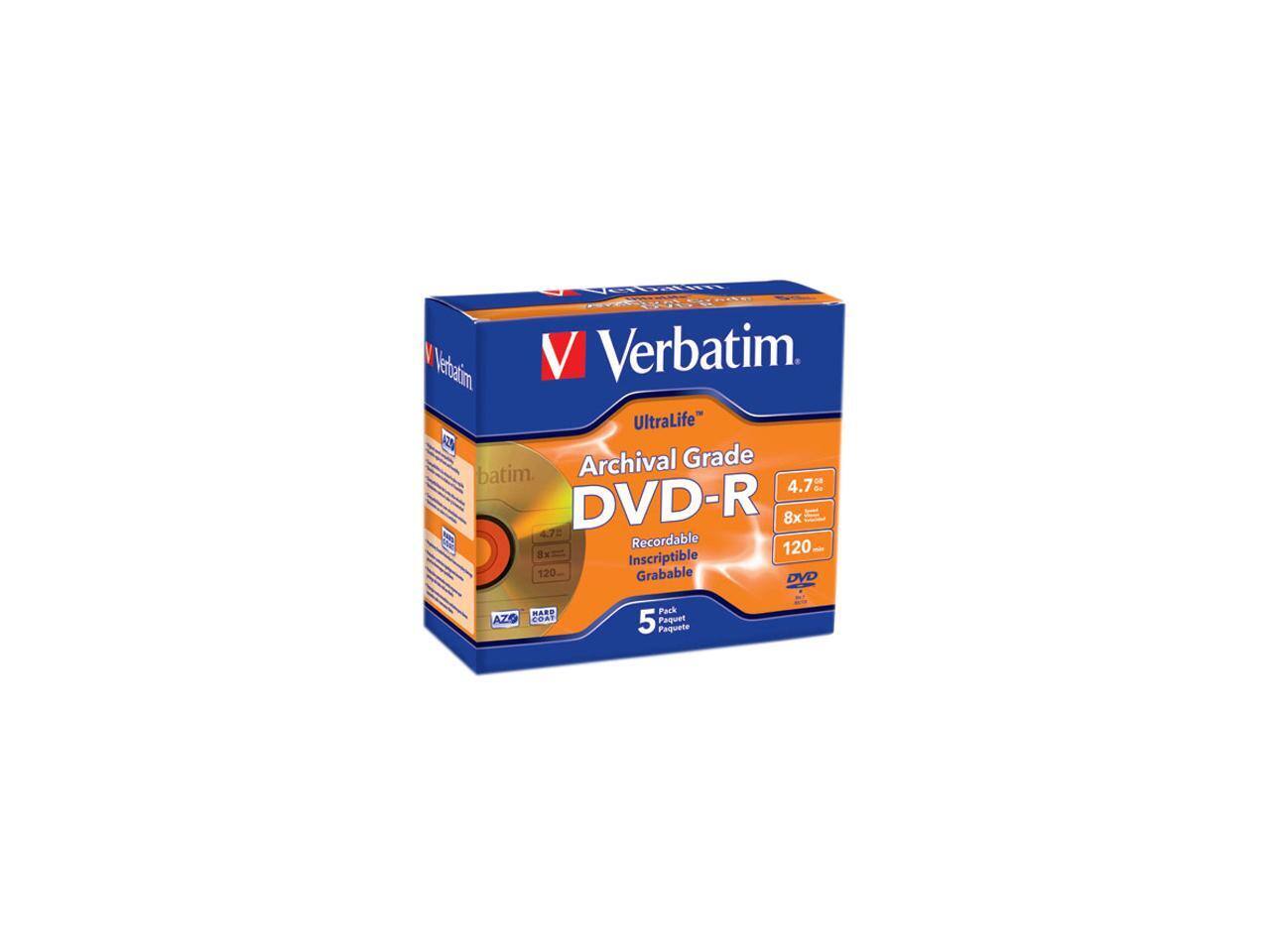 Verbatim UltraLife Archival Grade DVD-R 4.7 GB 8x 120 Min Recordable Inscriptible Grabable 5 Pack AZO ZO