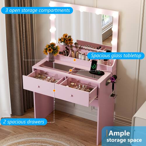 3 open storage compartments  
Spacious glass tabletop  
2 spacious drawers  
Ample storage space