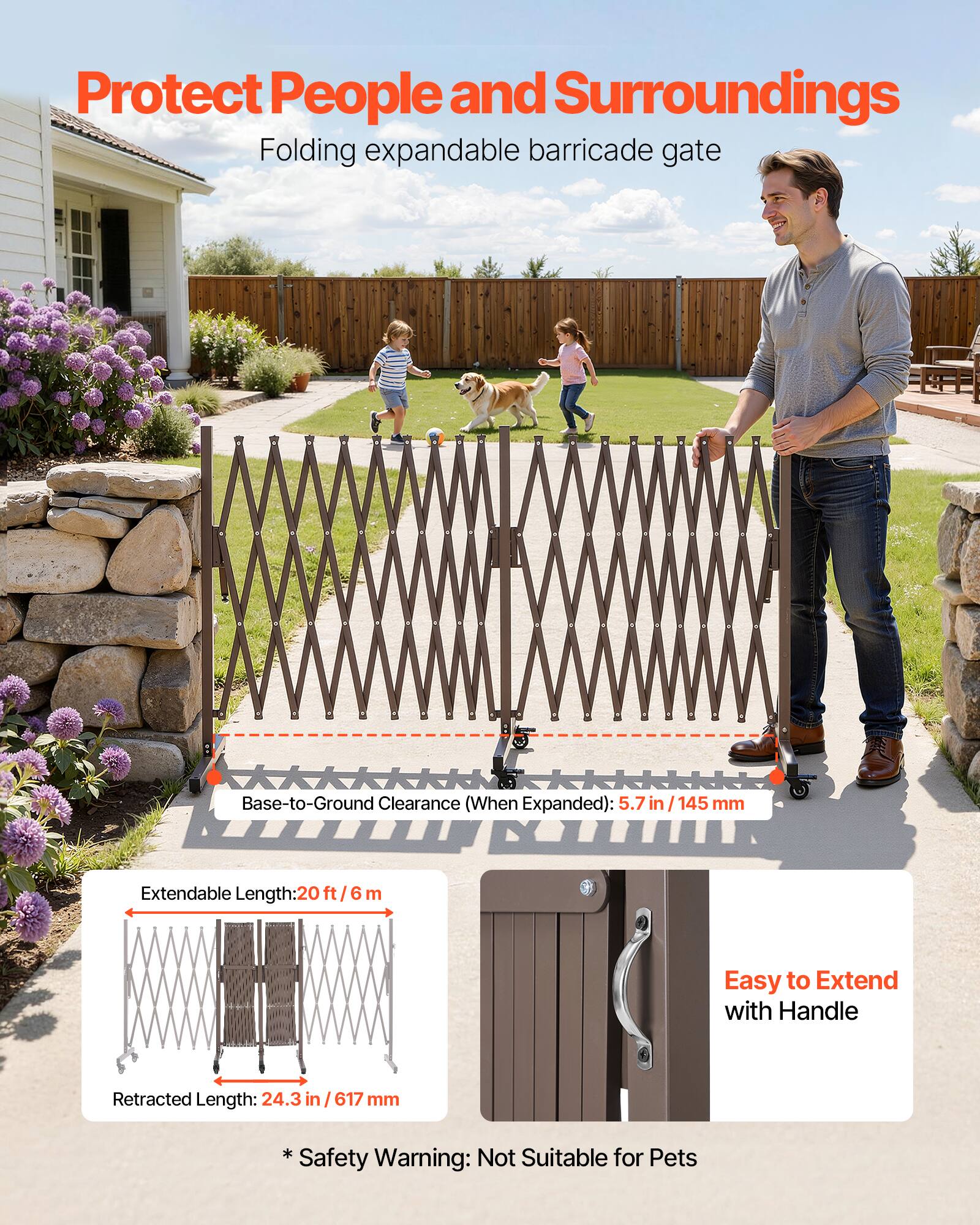 Protect People and Surroundings  
Folding expandable barricade gate  

Base-to-Ground Clearance (When Expanded): 5.7 in / 145 mm  

Extendable Length: 20 ft / 6 m  

Easy to Extend with Handle  

Retracted Length: 24.3 in / 617 mm  

* Not Suitable for Pets  

* Safety Warning: