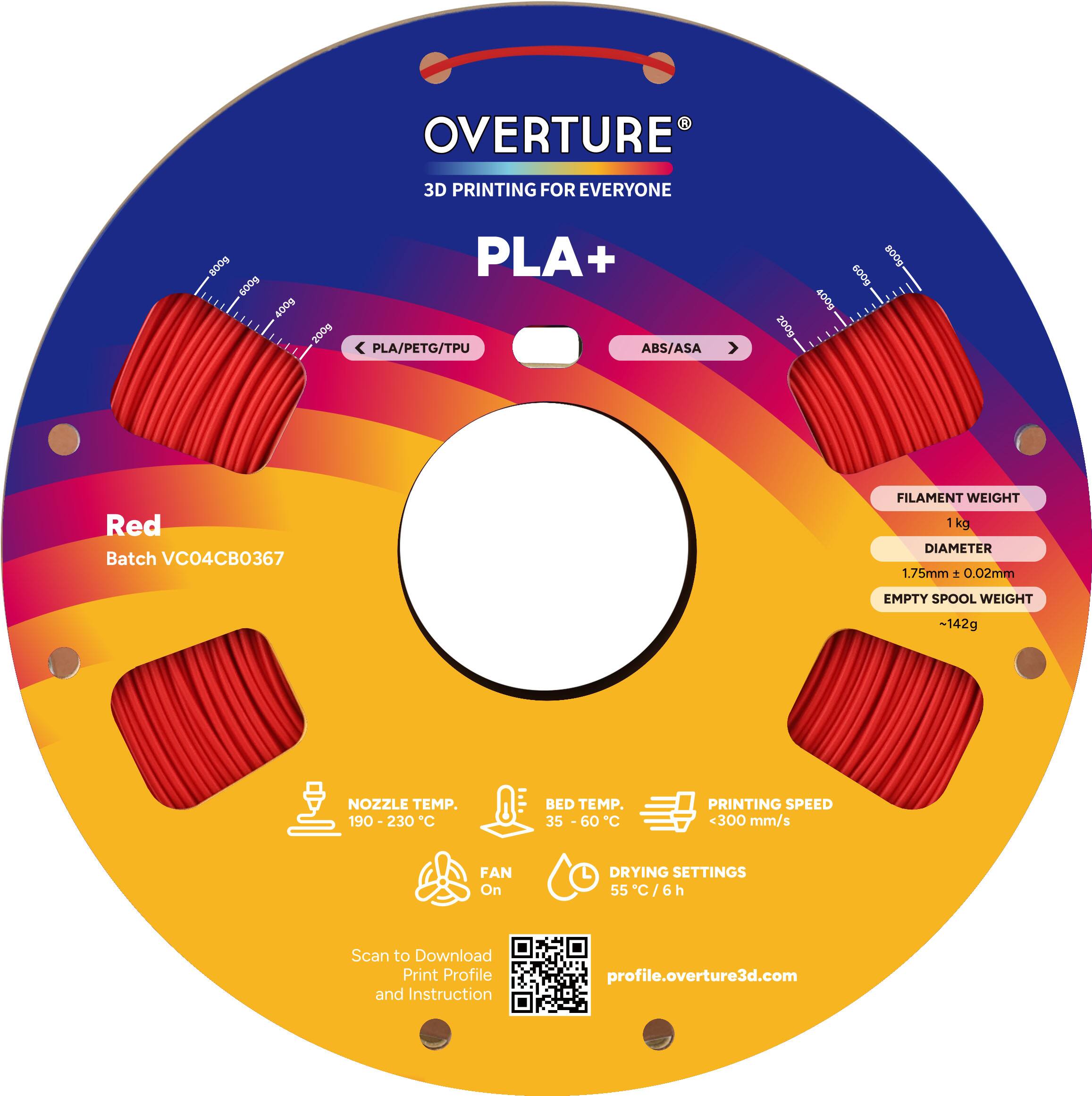 OVERTURE 3D PRINTING FOR EVERYONE  
PLA+  
Red  
Batch VC04CB0367  

FILAMENT WEIGHT: 1 kg  
DIAMETER: 1.75mm ± 0.02mm  
EMPTY SPOOL WEIGHT: ~142g  

NOZZLE TEMP.: 190 - 230°C  
BED TEMP.: 35 - 60°C  
PRINTING SPEED: <300 mm/s  
FAN: On  
DRYING SETTINGS: 55°C / 6h  

Scan to Download Print Profile and Instruction  
profile.overture3d.com