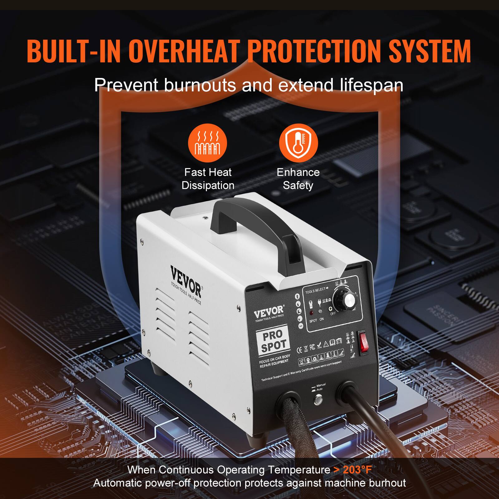 BUILT-IN OVERHEAT PROTECTION SYSTEM  
Prevent burnouts and extend lifespan  

Fast Heat Dissipation  
Enhance Safety  

VEVOR  

When Continuous Operating Temperature > 203°F  
Automatic power-off protection protects against machine burnout