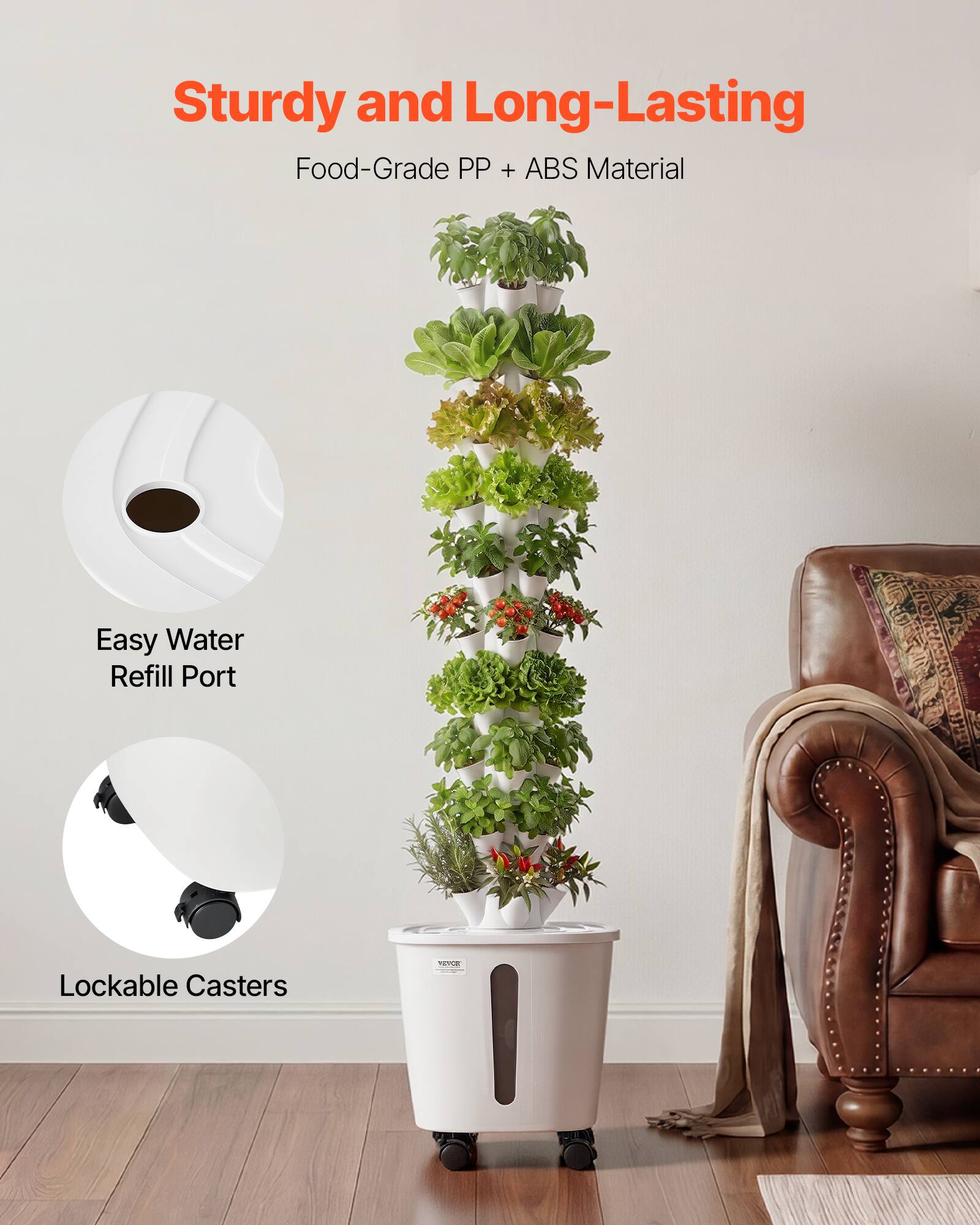Sturdy and Long-Lasting  
Food-Grade PP + ABS Material  
Easy Water Refill Port  
Lockable Casters
