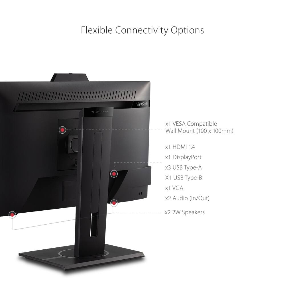 Flexible Connectivity Options

- x1 VESA Compatible Wall Mount (100 x 100mm)
- x1 HDMI 1.4
- x1 DisplayPort
- x3 USB Type-A
- x1 USB Type-B
- x1 VGA
- x2 Audio (In/Out)
- x2 2W Speakers