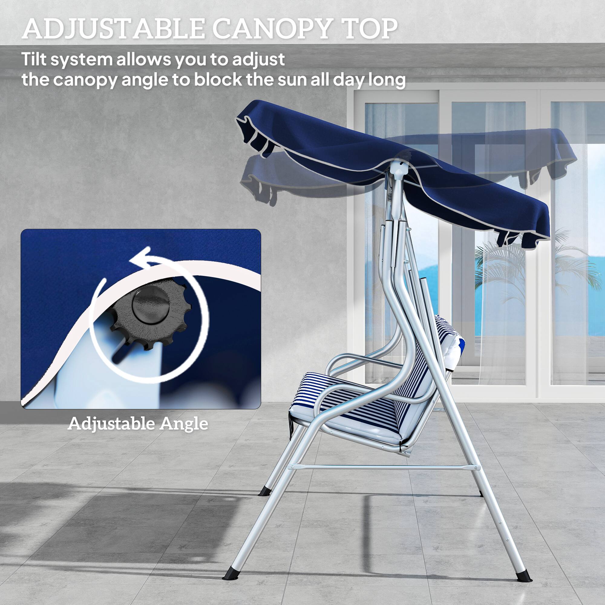 ADJUSTABLE CANOPY TOP

Tilt system allows you to adjust the canopy angle to block the sun all day long.

Adjustable Angle
