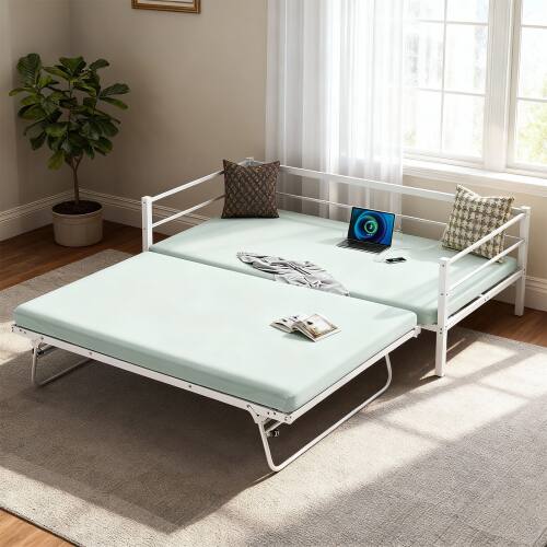 Alt View 5. Winado - Full Size Metal Daybed with Pop Up Trundle Full Day Bed Sofa Platform Bed with LED Lights and Charging Station - White.