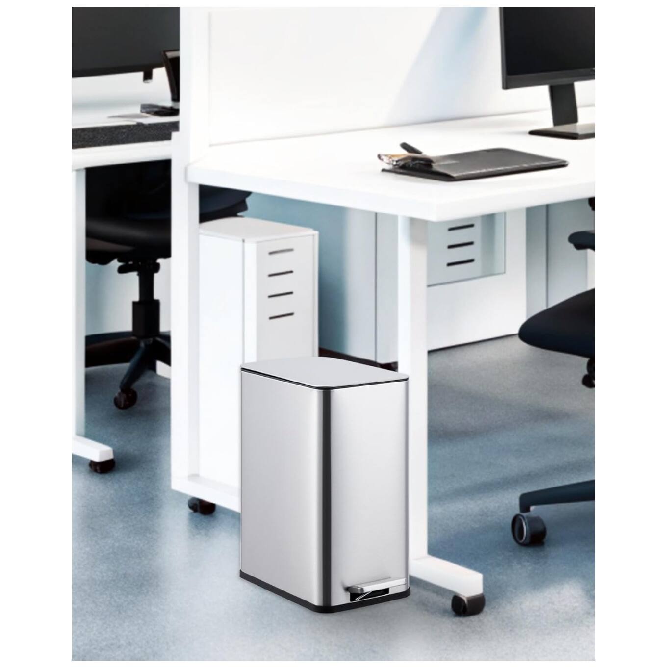 Alt View 3. Qeetex - 10 L / 2.6 gal Small Bathroom Step Trash Can with Lid Soft Close, Step Pedal, with Removable Inner Bucket - Silver.