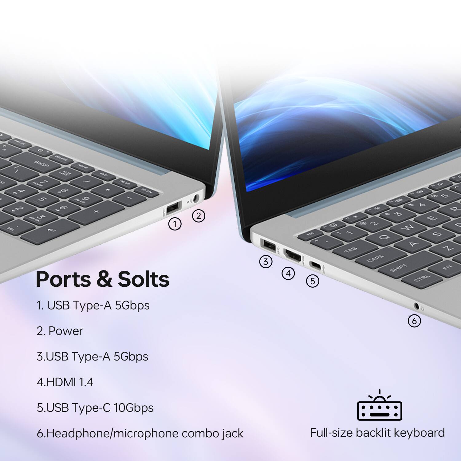 Ports & Slots

1. USB Type-A 5Gbps  
2. Power  
3. USB Type-A 5Gbps  
4. HDMI 1.4  
5. USB Type-C 10Gbps  
6. Headphone/microphone combo jack  

Full-size backlit keyboard