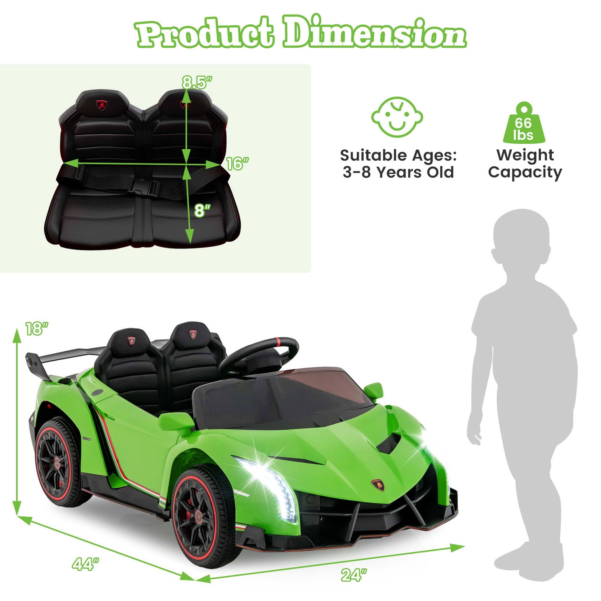 Product Dimension

- Seat Dimensions: 8.5" x 16" x 8"
- Car Dimensions: 18" x 44" x 24"

Suitable Ages: 3-8 Years Old

Weight Capacity: 66 lbs