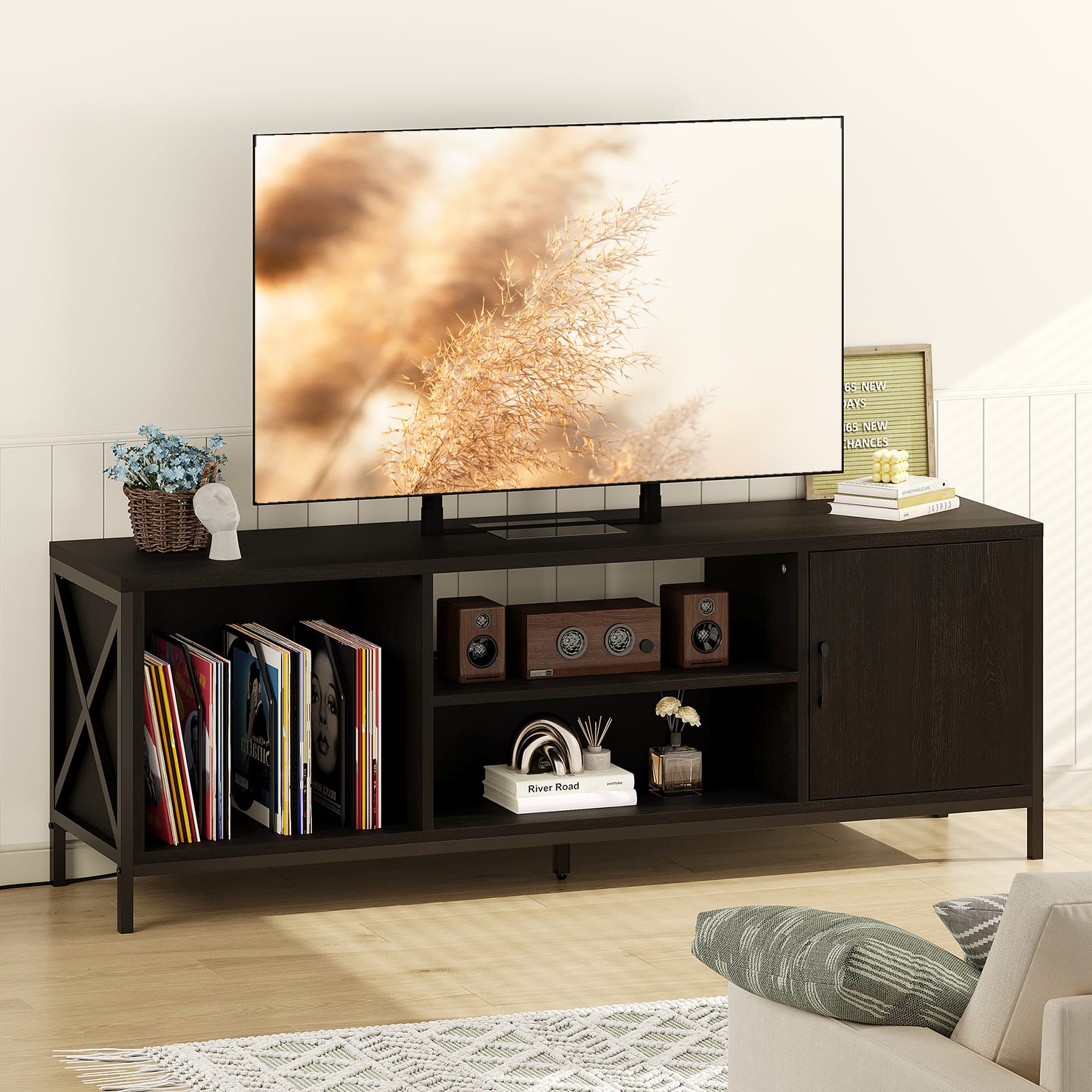 Anysun - Modern TV Stand for 65 Inch TV, Mid-Century Media Console with Storage - Black