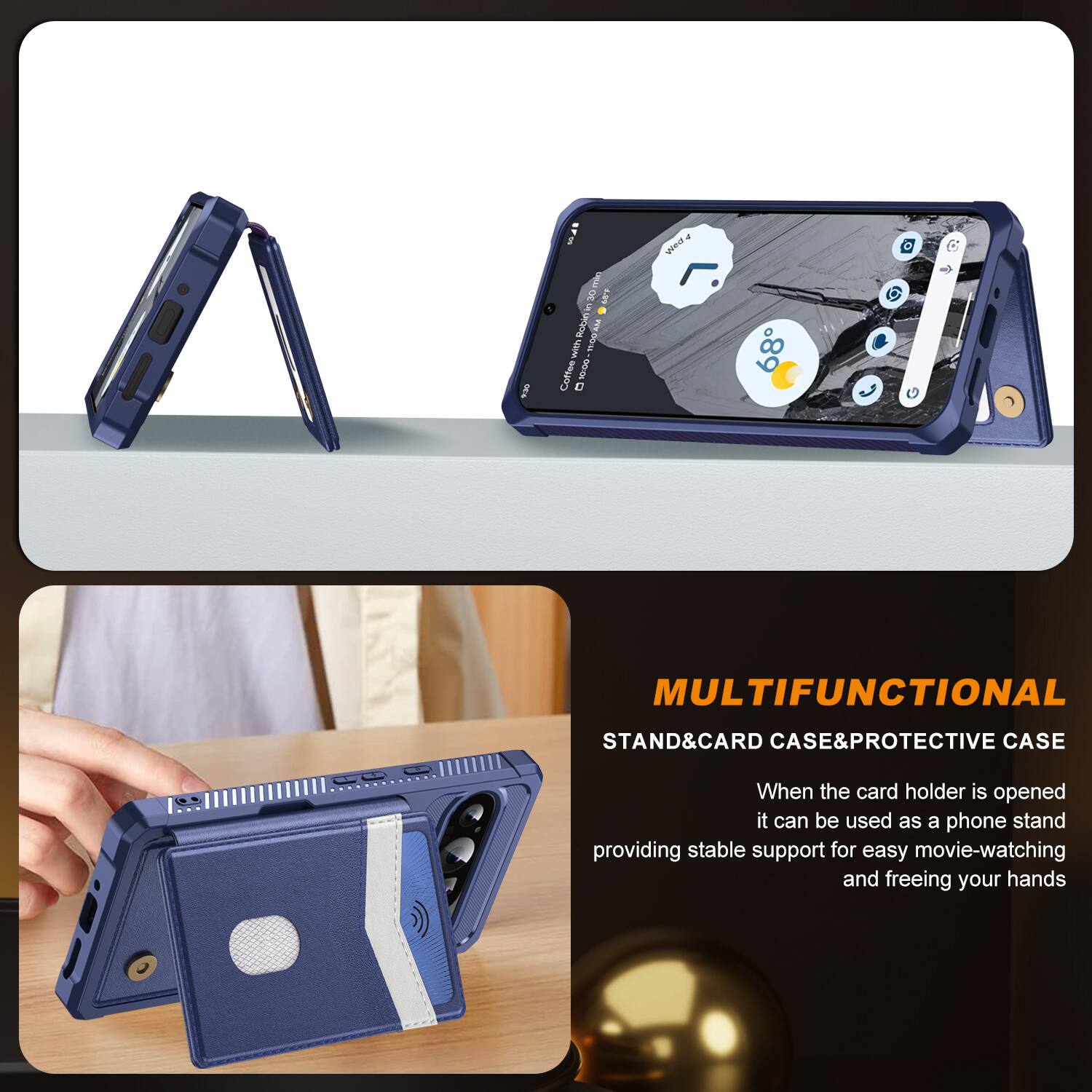 MULTIFUNCTIONAL STAND&CARD CASE&PROTECTIVE CASE

When the card holder is opened it can be used as a phone stand providing stable support for easy movie-watching and freeing your hands