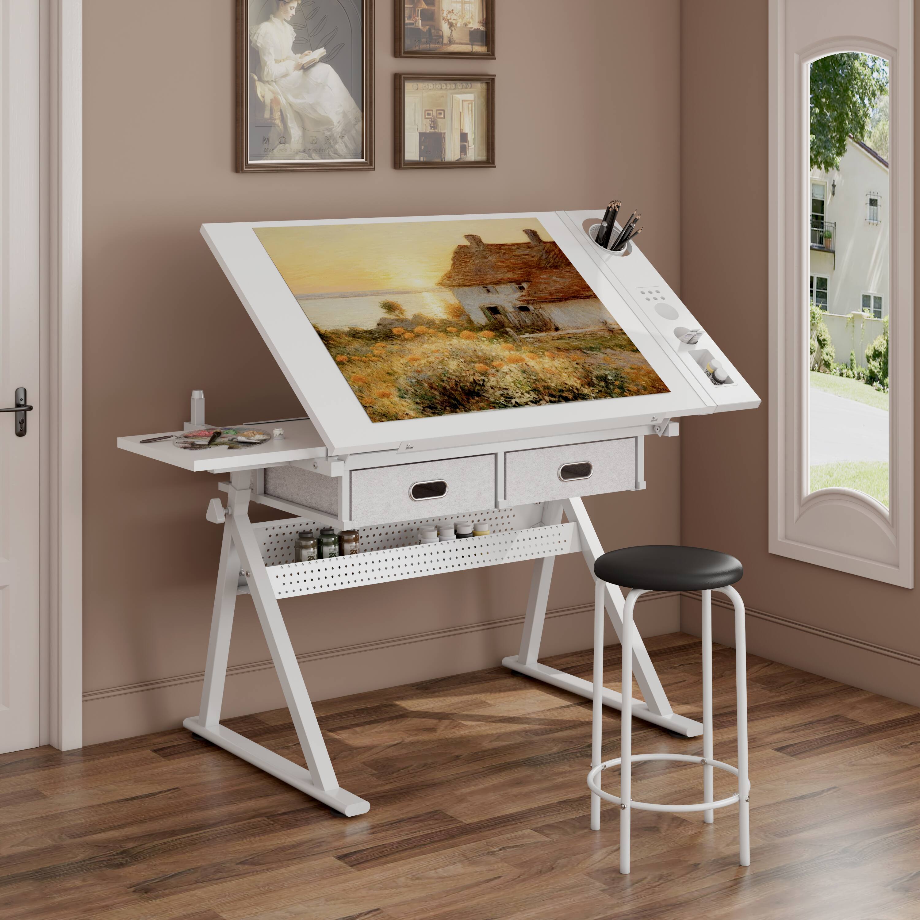 Angle. Bestier - Adjustable Drafting Table Art Desk with Tilting Tabletop, Storage Drawers & Stool, Drawing Desk for Crafting, Writing - All White.