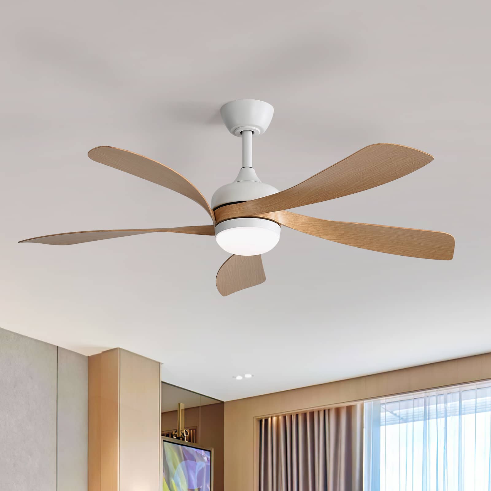 Sofucor - 52'' Propeller Ceiling Fans with Integrated LED Light and Remote 6-Speed Quiet Reversible for Living Room Bedroom Patio - White-Light Brown