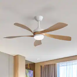 Sofucor - 52'' Propeller Ceiling Fans with Integrated LED Light and Remote 6-Speed Quiet Reversible for Living Room Bedroom Patio - White-Light Brown