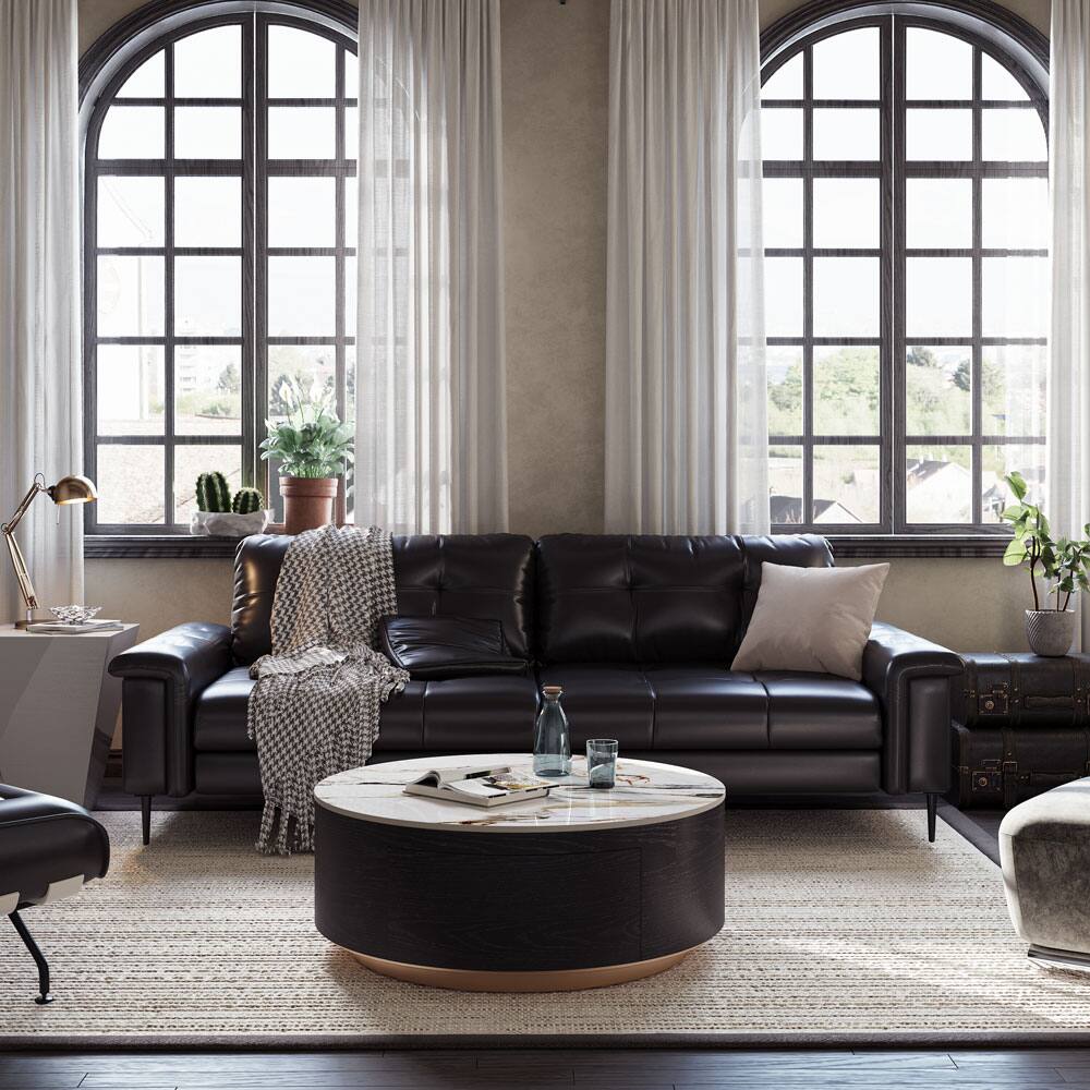 Left. POVISON - 35" Modern WoodRound Drum Sintered Stone Coffee Table with 2 Drawers Fully Assembled, Black & White - White & Black.