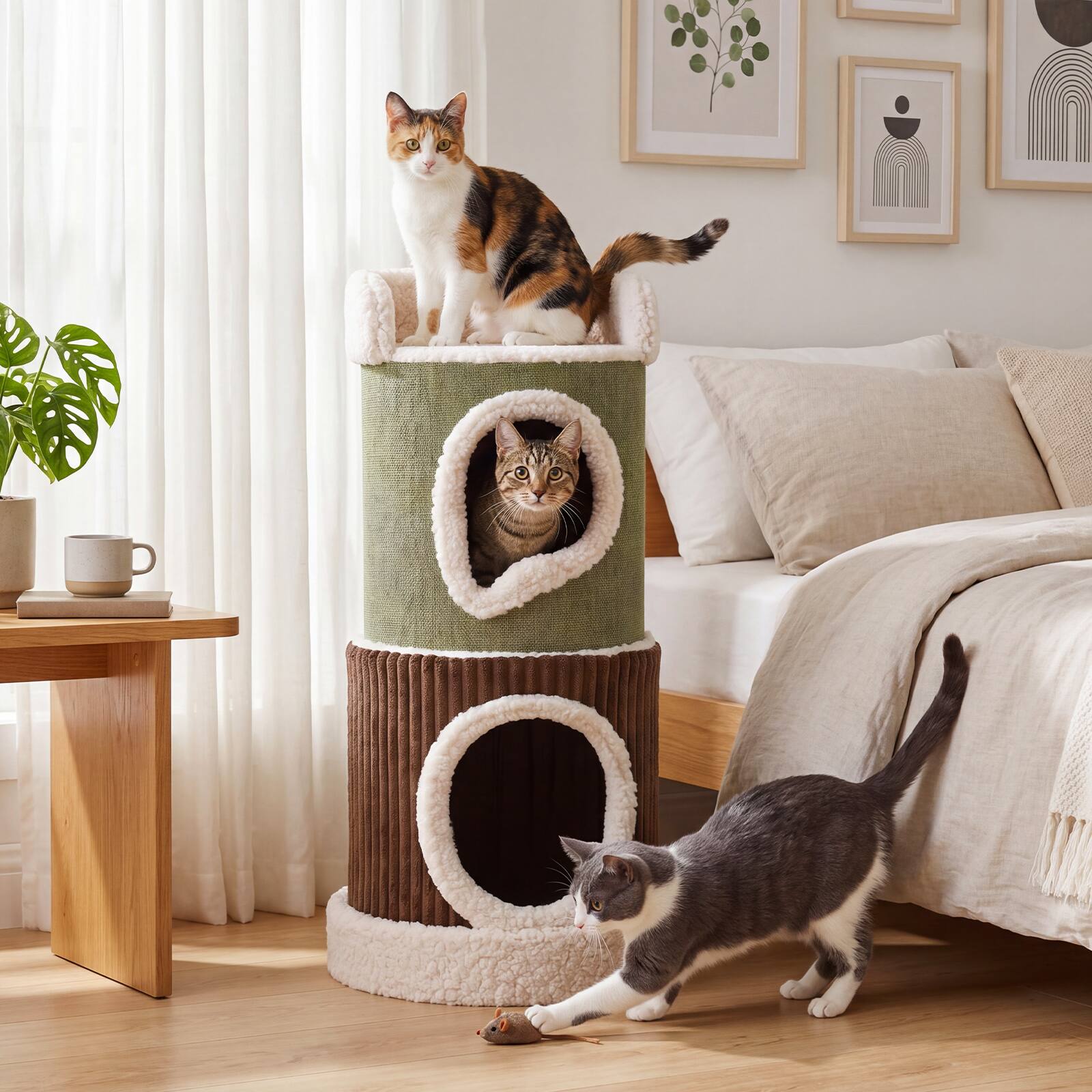 Alt View 5. Gymax - Gymax Barrel-Shaped Cat House w/Top Perch & Double Spacious Condos Interior Mats.