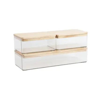 Front. Martha Stewart - Grady Premium Clear Plastic Storage Boxes - Clear/Light Natural Paulownia Top.