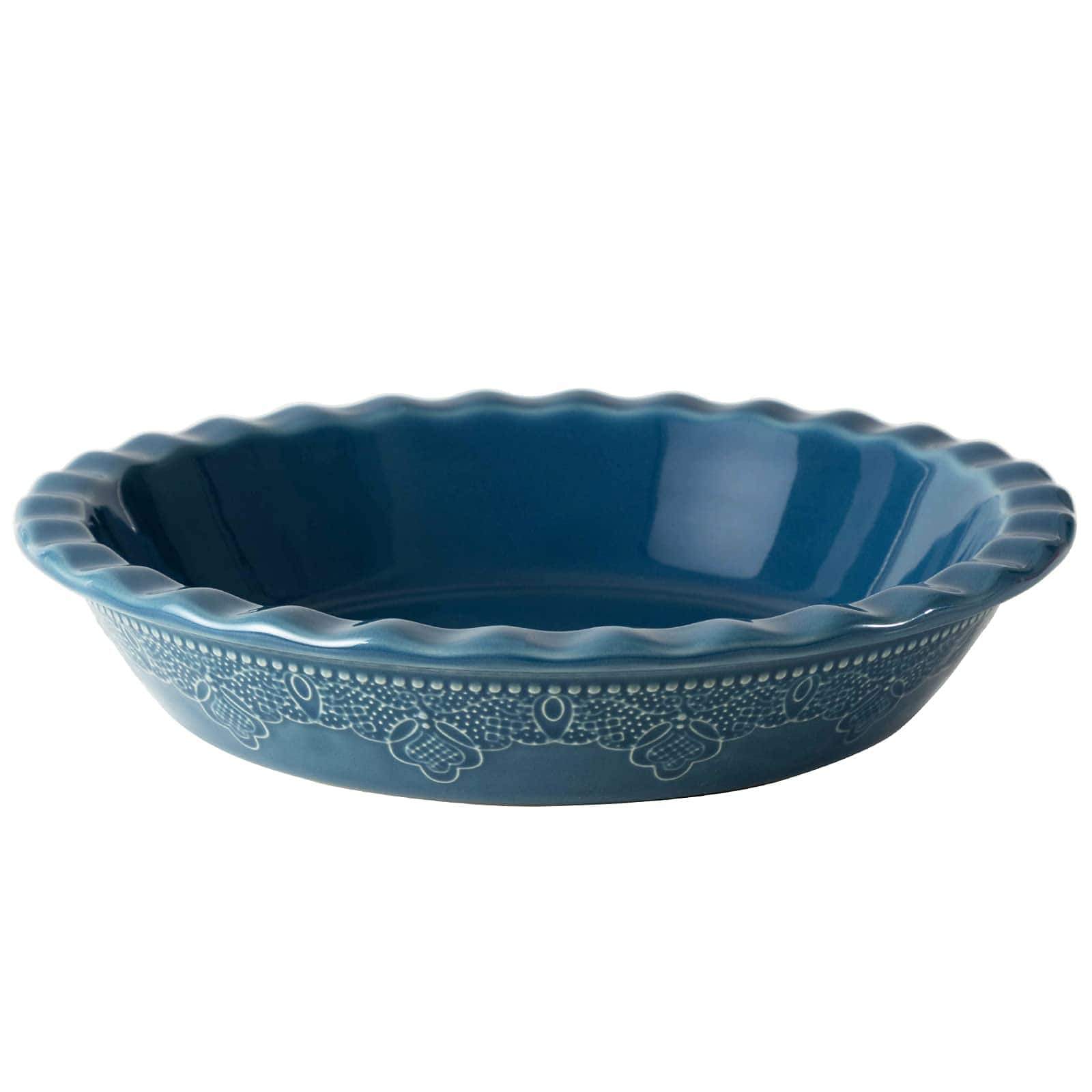 PARKER SLATER - Fun Elements Pie Pan 9 Inch Ceramic Dish Deep With Lace Emboss Ruffled Plate For Baking Thanksgiving Christmas Gifts