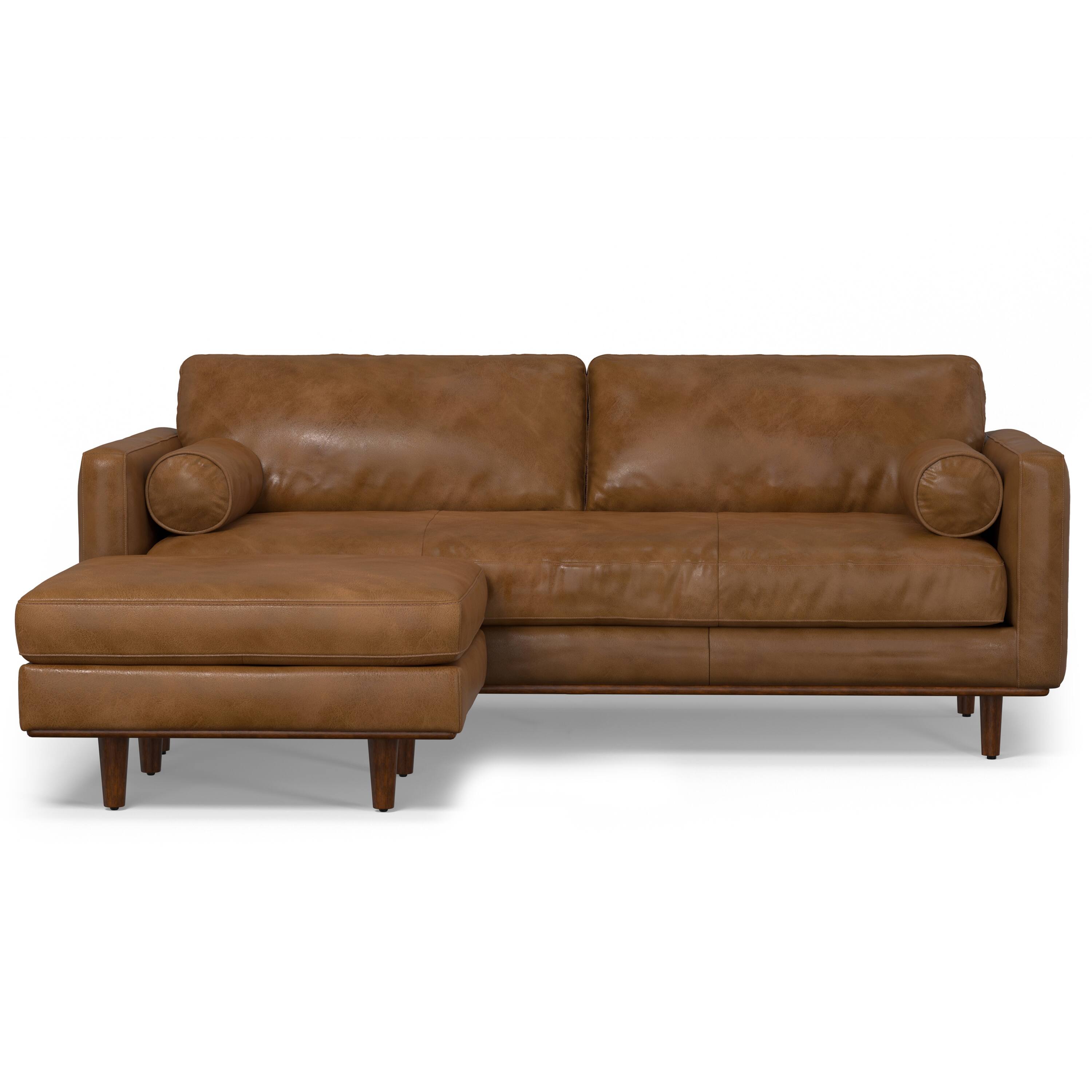 Alt View 6. Simpli Home - Morrison Mid-Century Modern 89 inch Wide Sofa with Ottoman Set in Caramel Brown Genuine Leather - Caramel Brown.