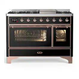 ILVE - Majestic III 48 inch Dual Fuel Range with 8 Burners + Griddle (Liquid Propane, Glossy Black, Copper Trim) - Glossy Black