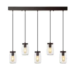 Jonathan Y - Gaines 33.25" 5-Light Farmhouse Industrial Iron Mason Jar Linear LED Pendant, Oil Rubbed Bronze/Clear - Oil-Rubbed Bronze