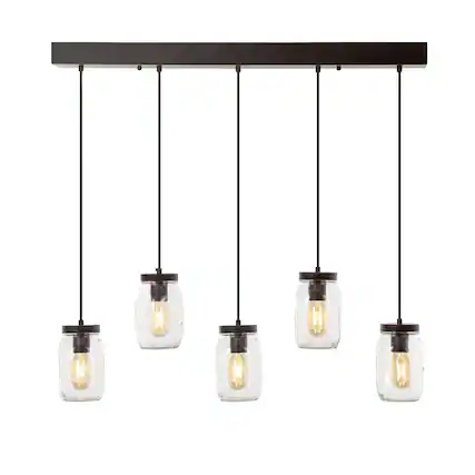 Front. Jonathan Y - Gaines 33.25" 5-Light Farmhouse Industrial Iron Mason Jar Linear LED Pendant, Oil Rubbed Bronze/Clear - Oil Rubbed Bronze.