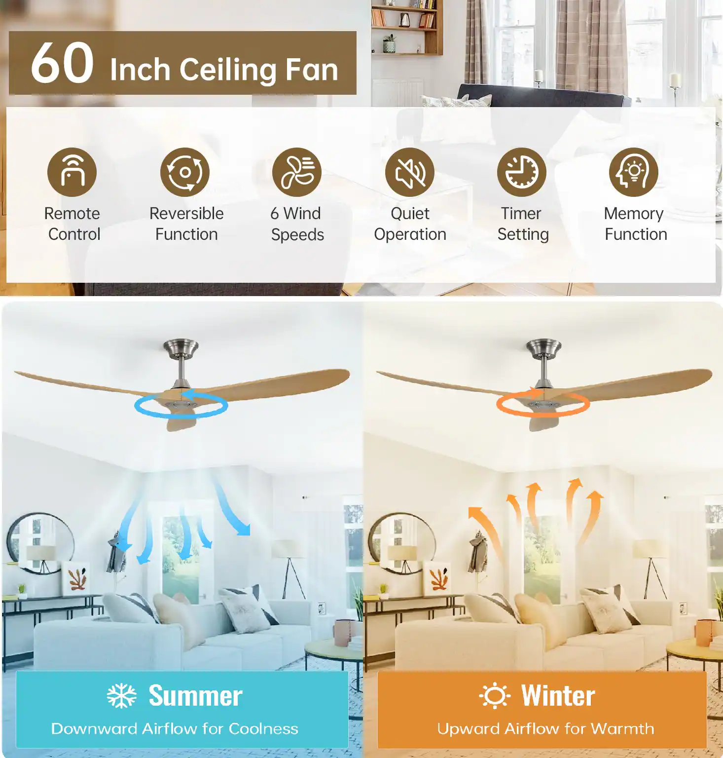 60 Inch Ceiling Fan

- Remote Control
- Reversible Function
- 6 Wind Speeds
- Quiet Operation
- Timer Setting
- Memory Function

Summer: Downward Airflow for Coolness

Winter: Upward Airflow for Warmth