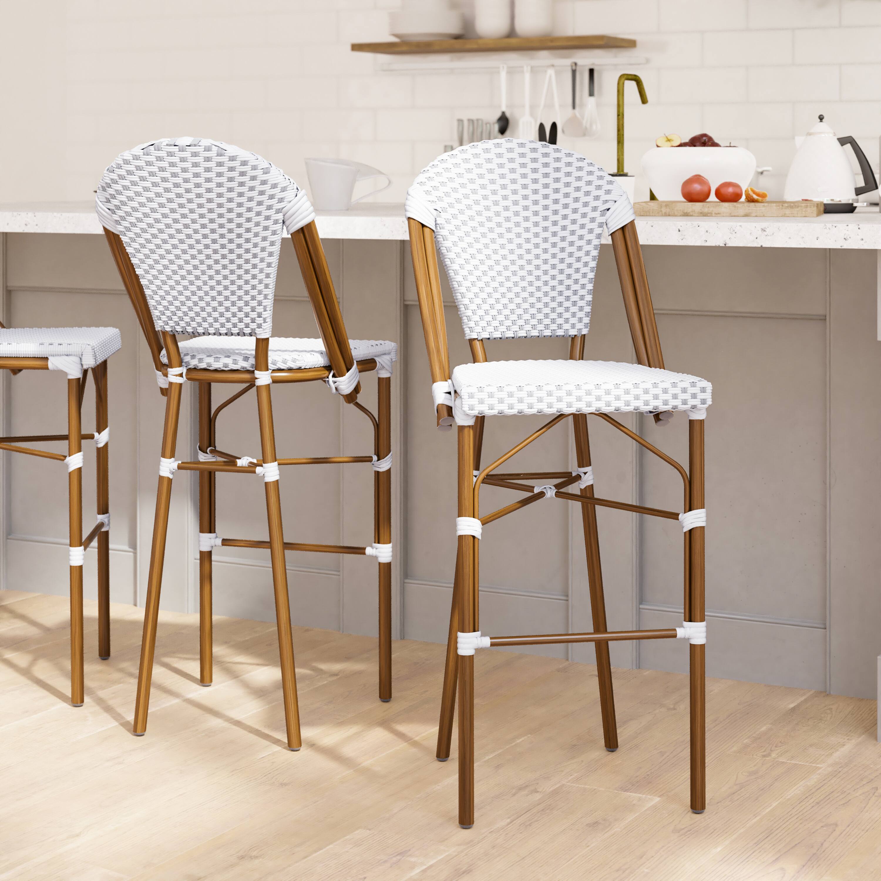 Alt View 2. Emma + Oliver - Colmar Set of Two Indoor/Outdoor 30" High Stacking Bistro Counter Stools with Patterned Seat and Back and Metal Frames - White & Gray/Natural Frame.