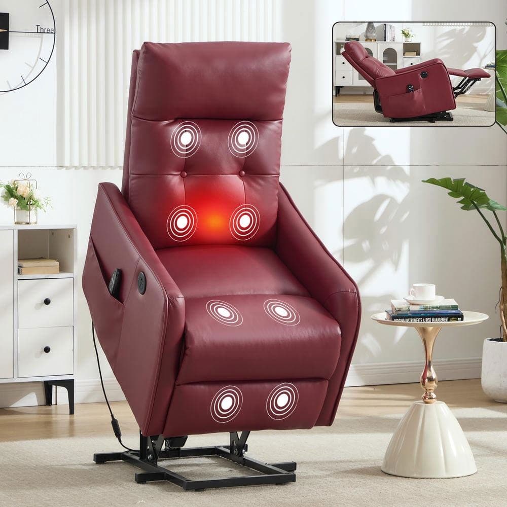 Kadyn - Power Lift Recliner Chair, Single Motor Massage & Heat, USB Port, 155° Recline, PU Leather - Red