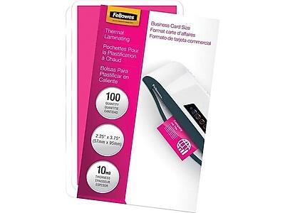 Fellowes Business Card Size Thermal Laminating Pouches  
Format carte d'affaires  
Formato de tarjeta comercial  

100 Quantity  
Quantité  
Cantidad  

2.25" x 3.75" (57mm x 95mm)  

10 mil Thickness  
10 mil Thickess  
10 mil Espesor