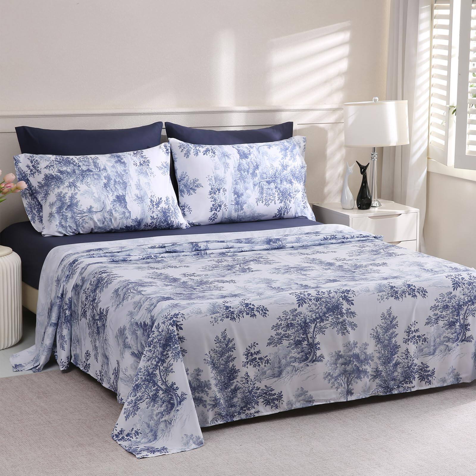 Alt View 3. Dapper Styles - Botanical California Bed Sheet Set Deep Pocket Navy Fitted Comfy Breathable Patterned Flat Sheets Microfibe... - Golden Serenity-California King.