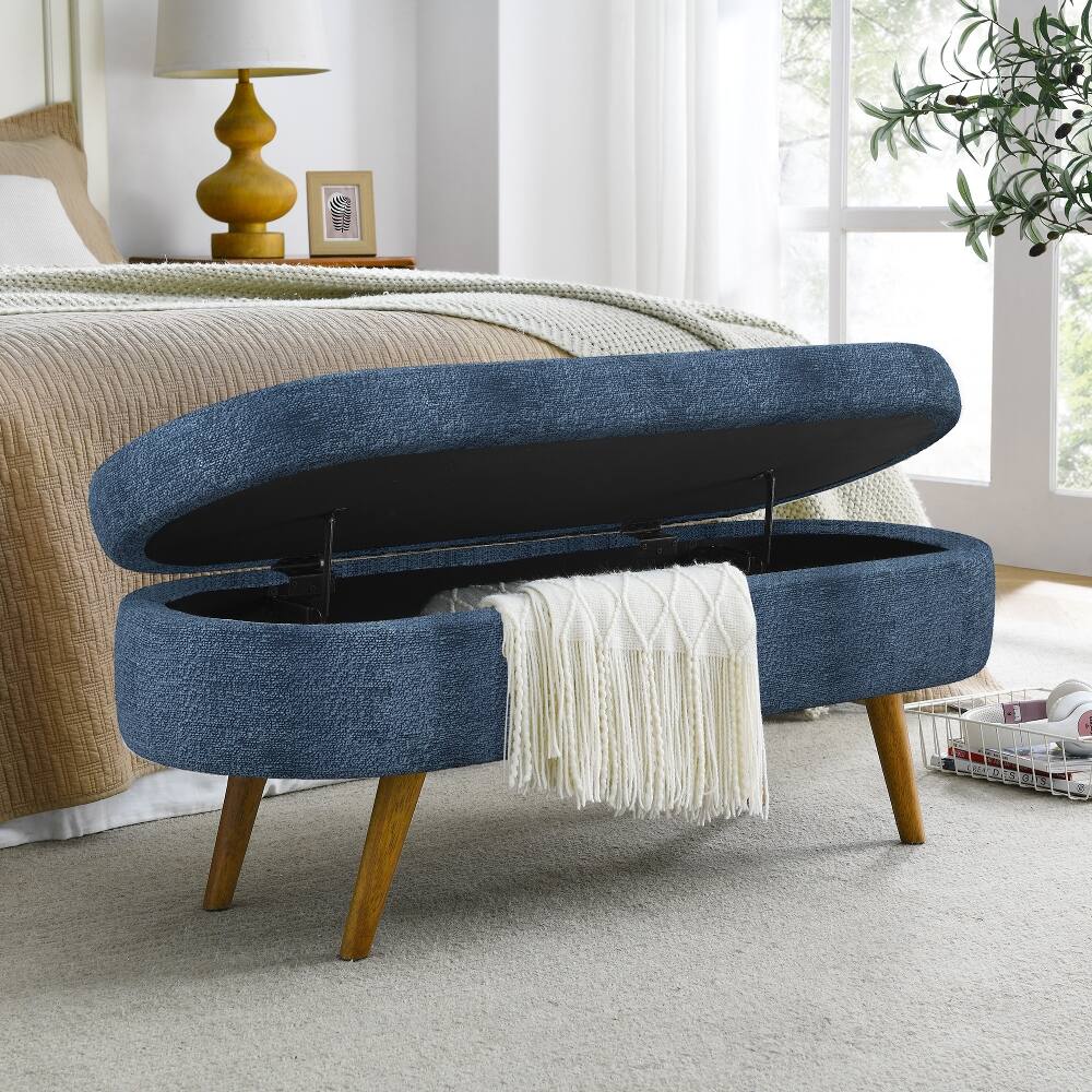 Alt View 1. Ropilly - Ropilly Oval Storage Bench Dark Blue Pleated Fabric Ottoman with Rubber Wood Legs, 43.5 Inch - Dark Blue.