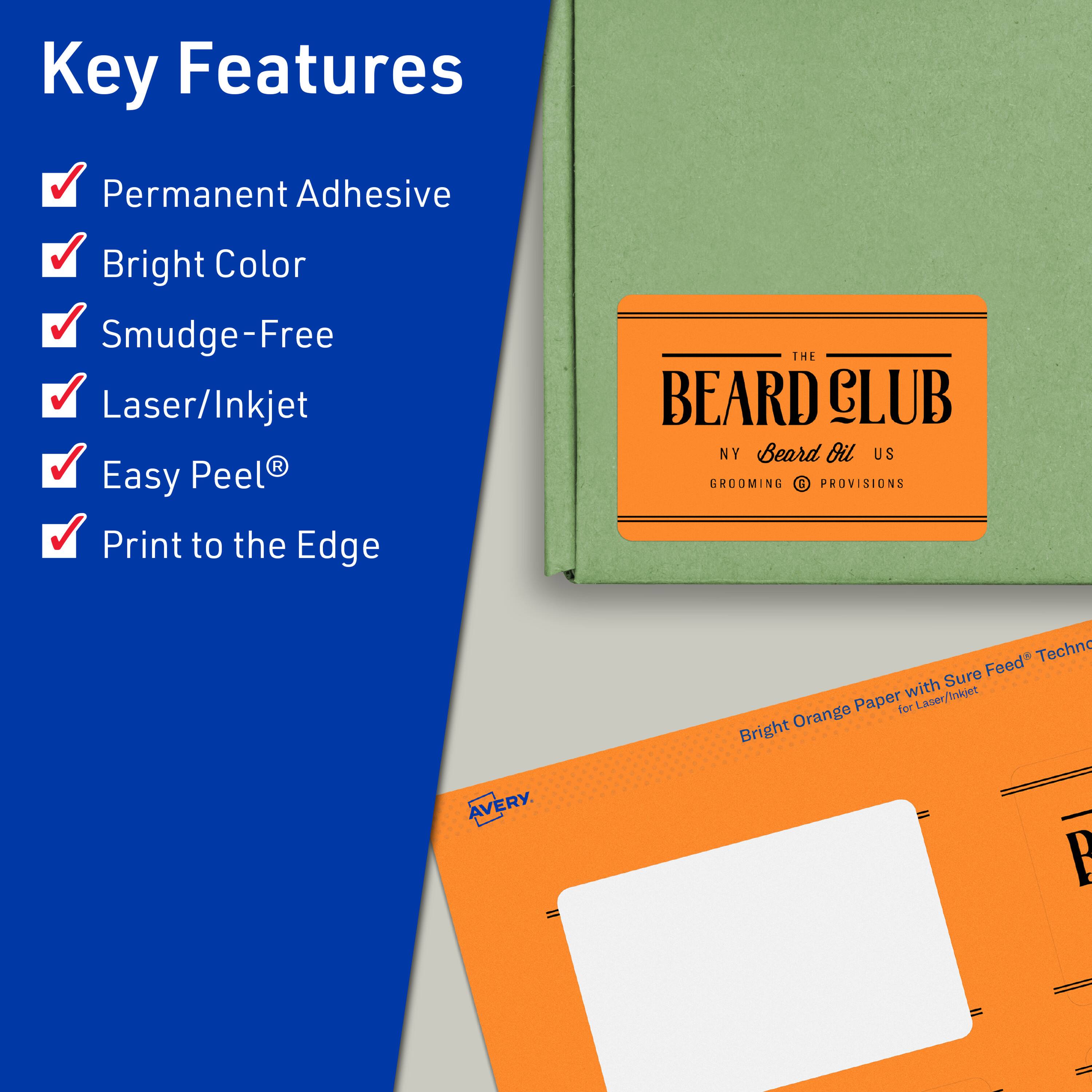 Key Features  
- Permanent Adhesive  
- Bright Color  
- Smudge-Free  
- Laser/Inkjet  
- Easy Peel®  
- Print to the Edge  

THE BEARD CLUB  
NY Beard Oil US  
GROOMING PROVISIONS  

Bright Orange Paper with Sure Feed® Technology for Laser/Inkjet  

AVERY