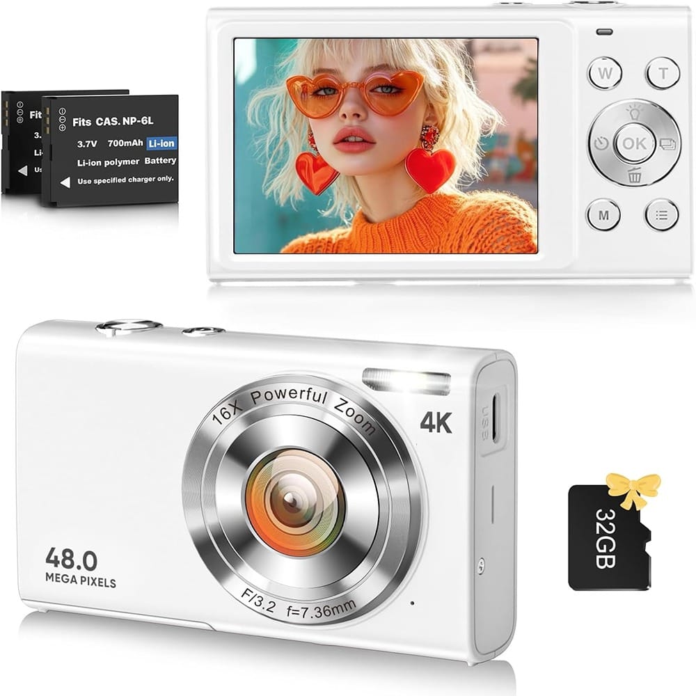 ACJPR - 4K Digital Camera, 48MP, 16X Zoom, Autofocus, 32GB SD Card, White