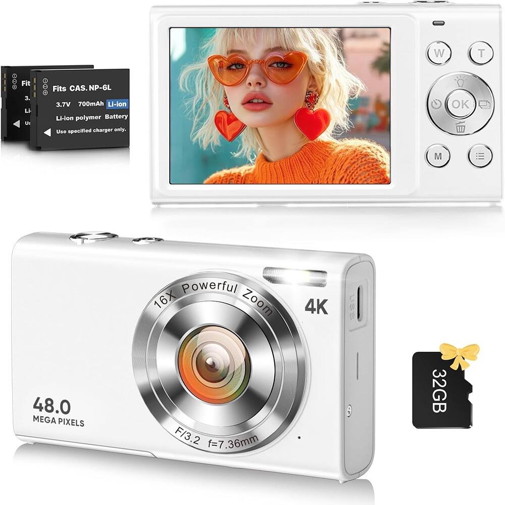 ACJPR - 4K Digital Camera, 48MP, 16X Zoom, Autofocus, 32GB SD Card, White