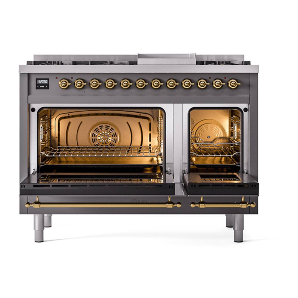 Alt View 4. ILVE - ILVE Nostalgie II 48 inch Dual Fuel Range with 5.02 cu. ft. Total Double Oven Capacity (Graphite Matte, Brass) - Graphite Matte.