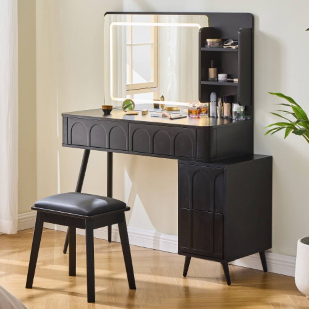 Left. LUCKY ONE - Modern Makeup Vanity Desk w/ LED Mirror 4 Drawers Stool & Adjustable Cabinet - Black.