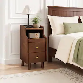 WELLFOR - Narrow Solid Wood Nightstand with Pull-out Tray and 2 Storage Drawers - Brown