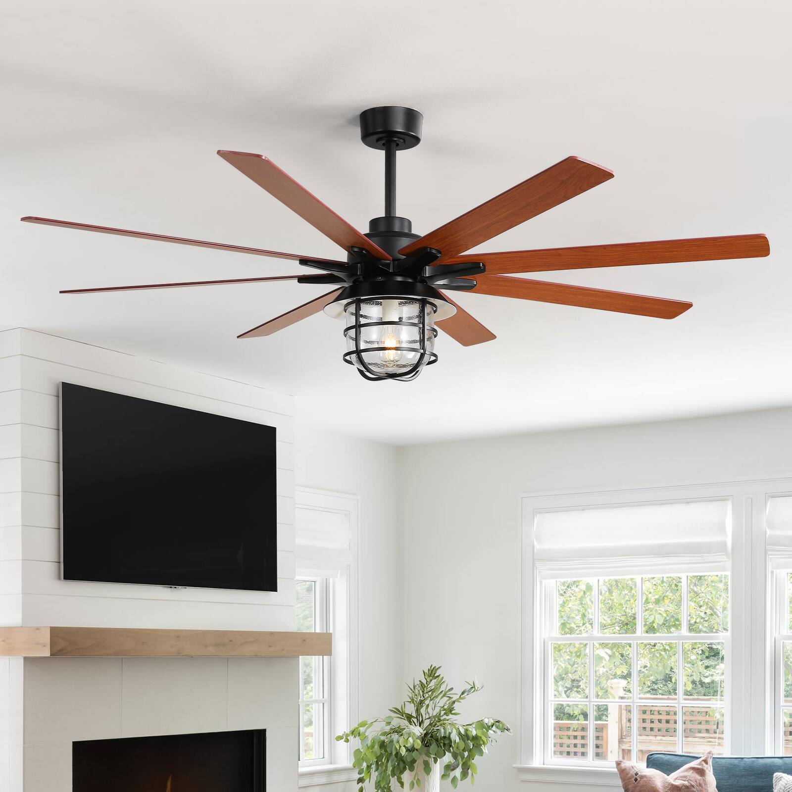 Alt View 4. Sofucor - Large 66'' Ceiling Fans with Lights and Remote Farmhouse Ceiling Fan Noiseless Reversible DC Motor with Glass Lampshade - Black.